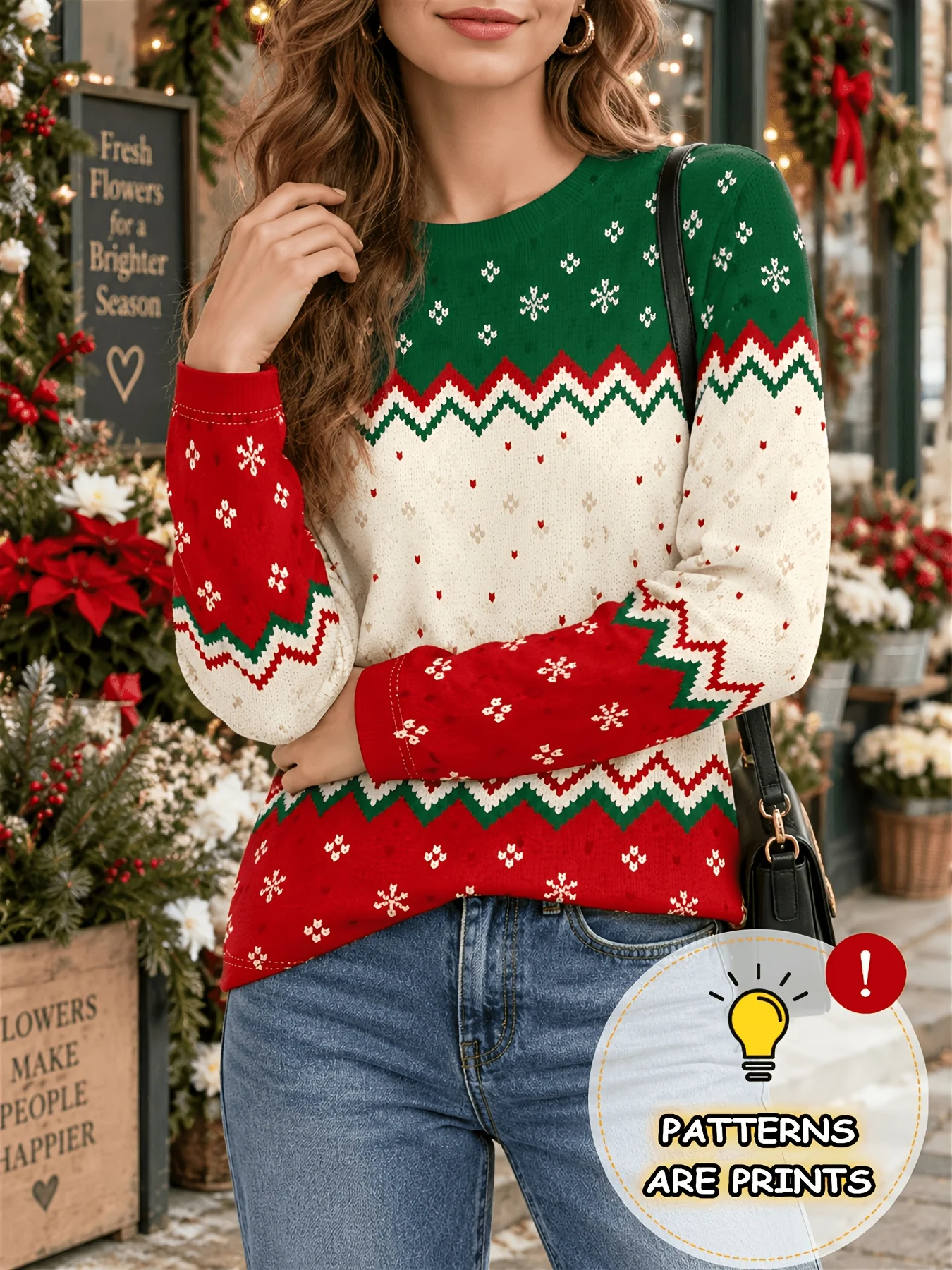 Women Long Sleeve T Shirt Round Neck Color Block Wave Snowflake Fair Isle Print Christmas Casual Top Women's Clothes