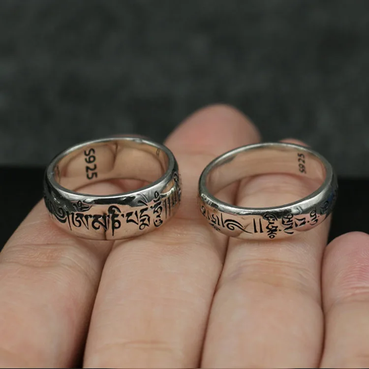 

Retro minimalist index finger female ring s925 sterling silver six character scripture ring, male creative Thai silver joint rin