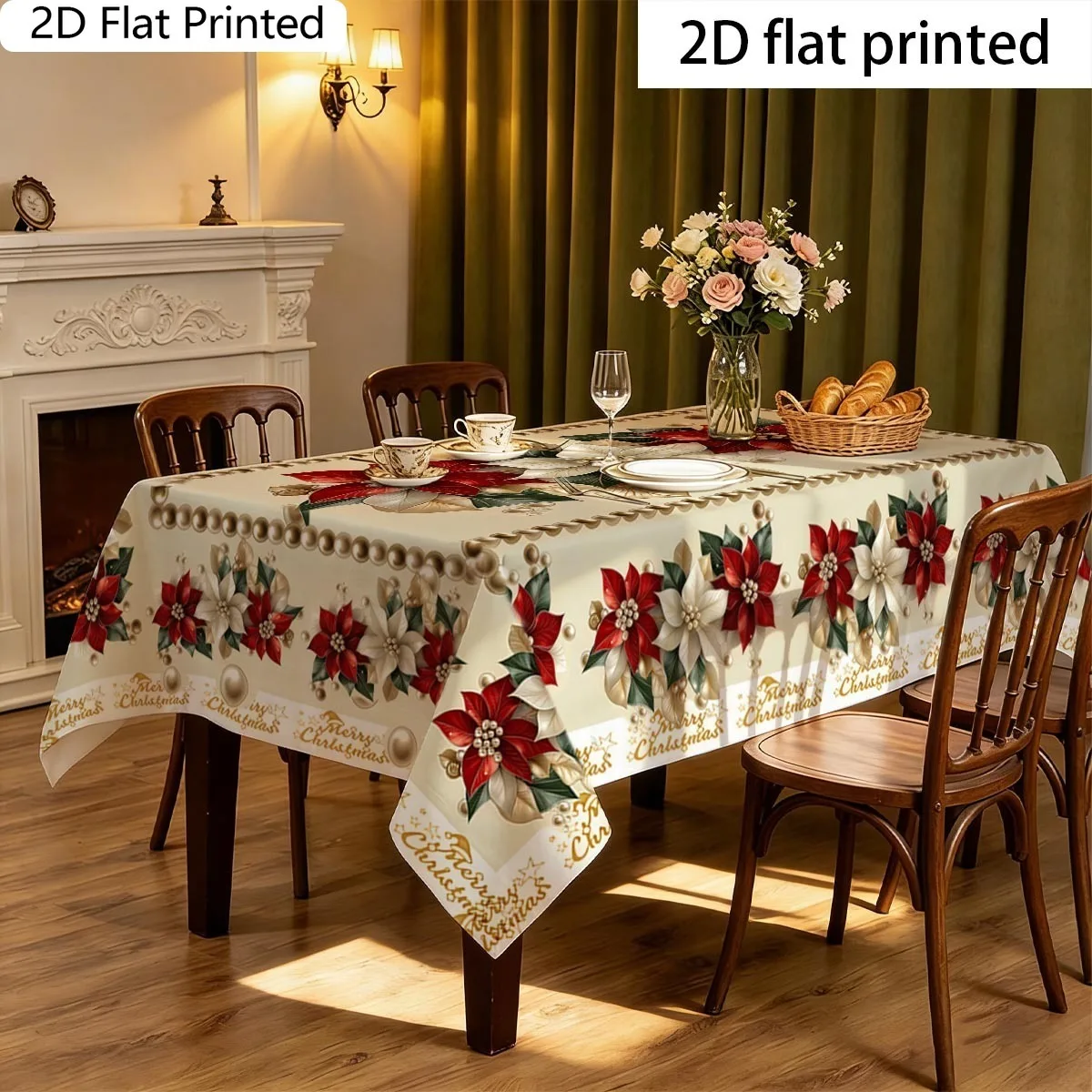VIKAMA Christmas Poinsettia Tablecloth Red Gold Floral Pearl Border Washable Rectangle Table Cover for Xmas Kitchen Dining Party