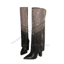 Colorful Rhinestone Tassels Decor Pointed Toe Boots Slip On Women Shoes Chunky High Heels Sexy Runway 2023 Zapatos Para Mujere