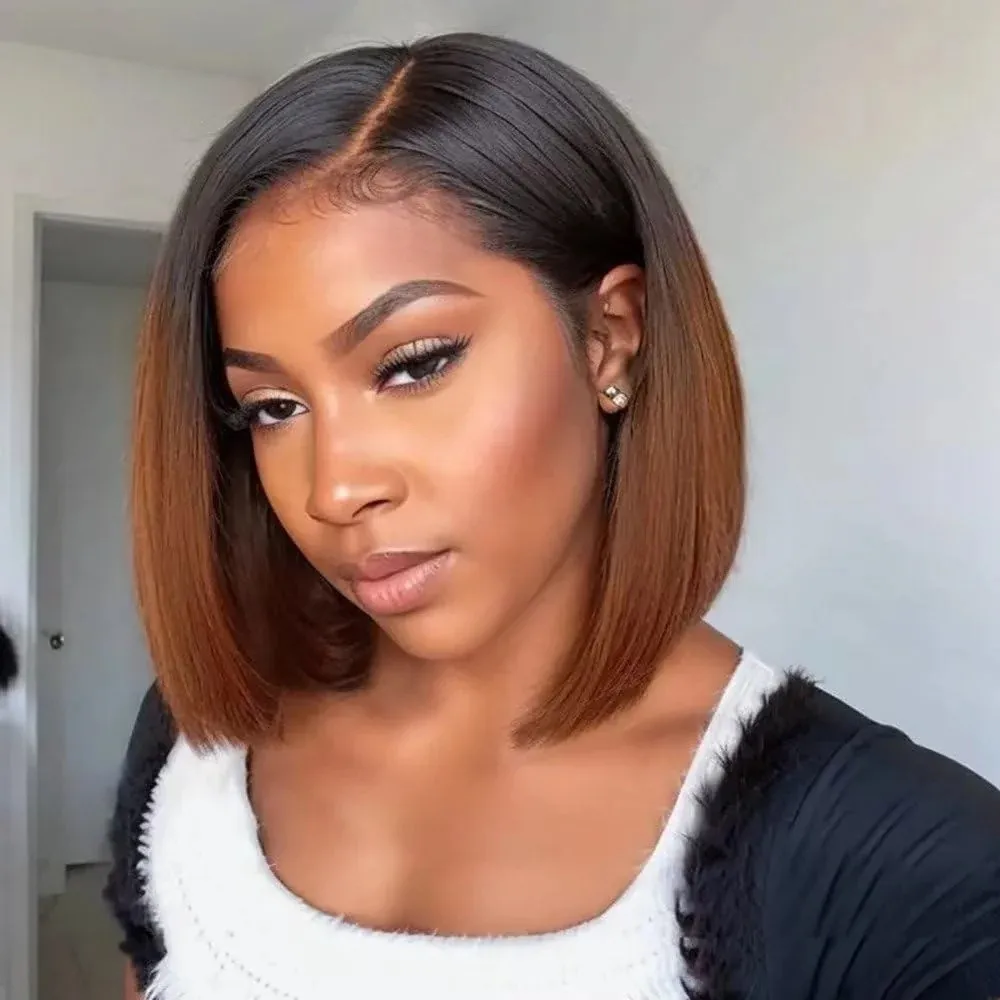 Bob Hair Soft Chocolate Brown Natural Synthetic Wig with Black Roots Short Glueless Wig 13*4 Good Quality High Temperature Silk