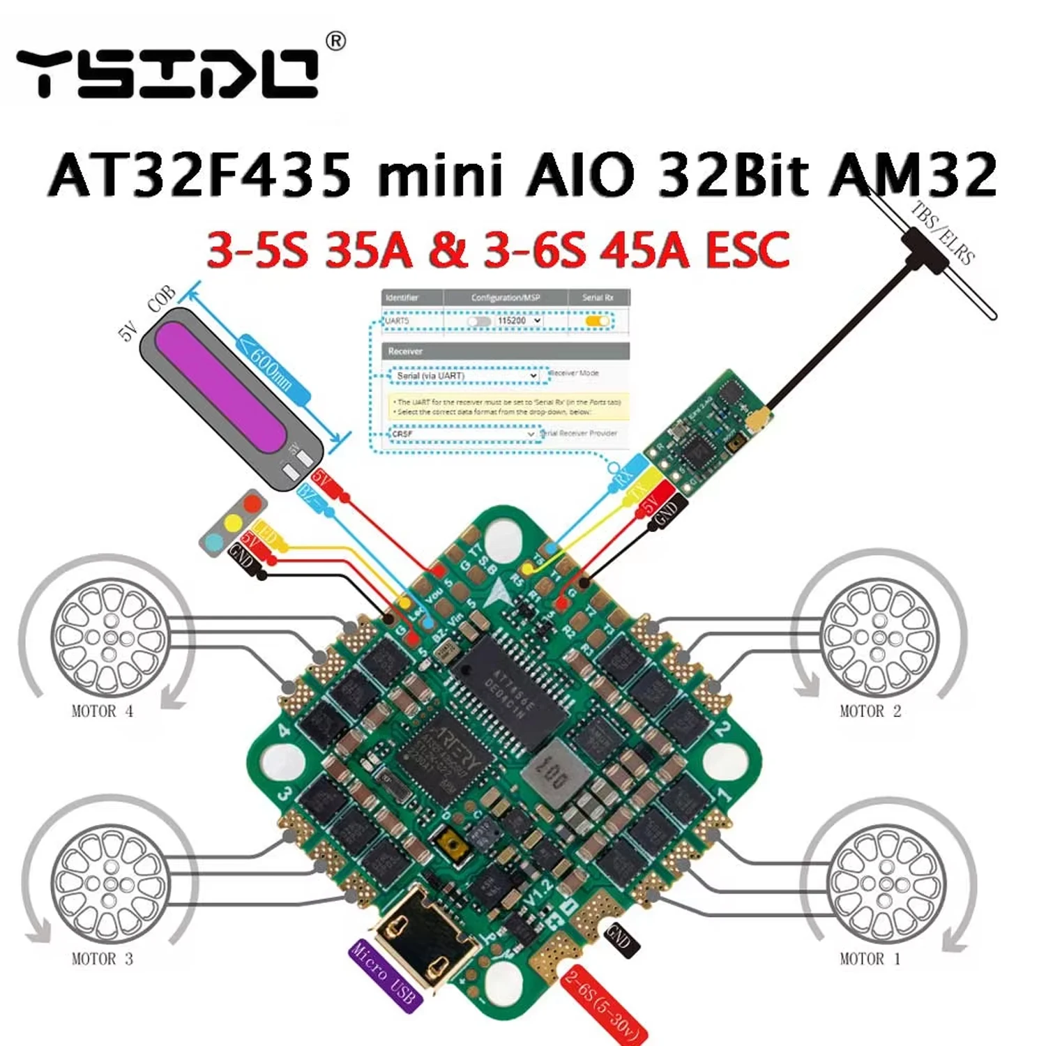 

Плата управления полетом AT32F435 mini AIO 32 бит AM32 3-5S 35A 3-6S 45A ESC, модель крепления 25,5*25,5 мм для гоночного дрона с видом от первого лица