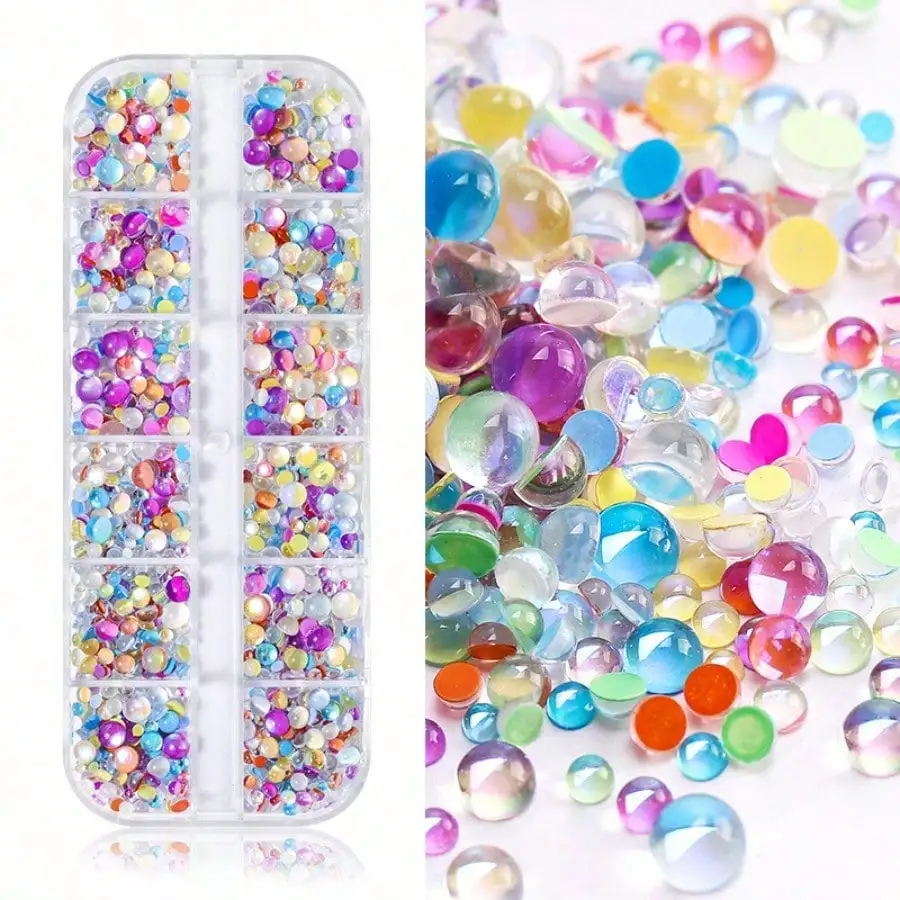 1Box Mixed Size Color Glass Mermaid Bead 3D Nail Art Decorations Half Round Flatback Rhinestones Strass Shiny Crystal