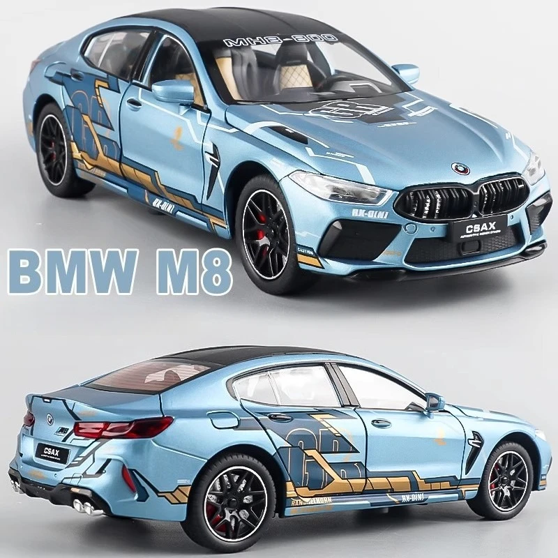 

1:24 BMW M8, высокая имитация сплава, модель автомобиля, звук и свет, откат, литая детская игрушка, коллекционные предметы, подарок на день рождения
