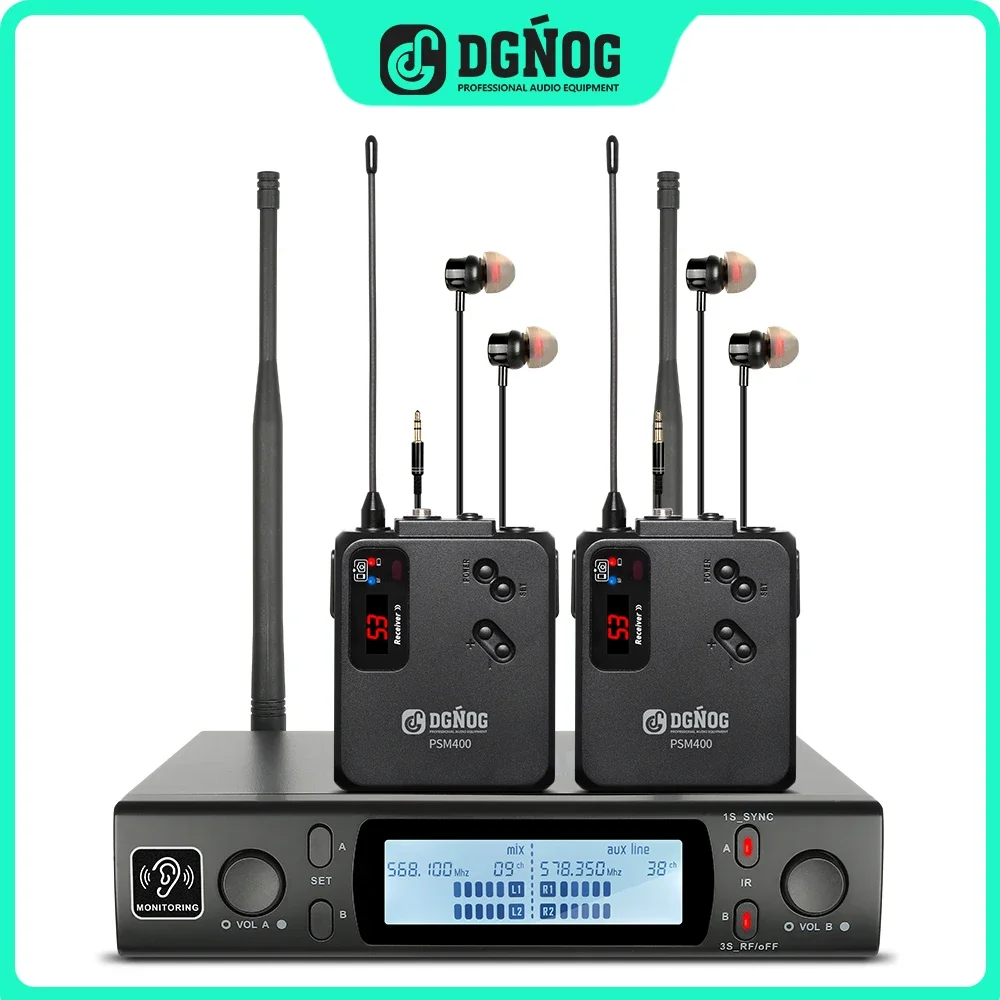 

DGNOG PSM400 2 Channel Wireless in Ear Monitor System with 2 Bodypack IEM Monitoring for Stage Studio Band Recording Musicians