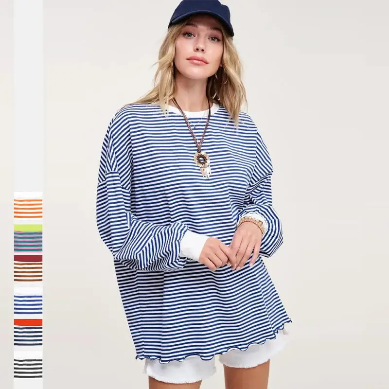 New Autumn and Winter Girls' Long Sleeved Striped Color Blocked Loose Round Neck Hoodie Fashionable Party and Runway Top