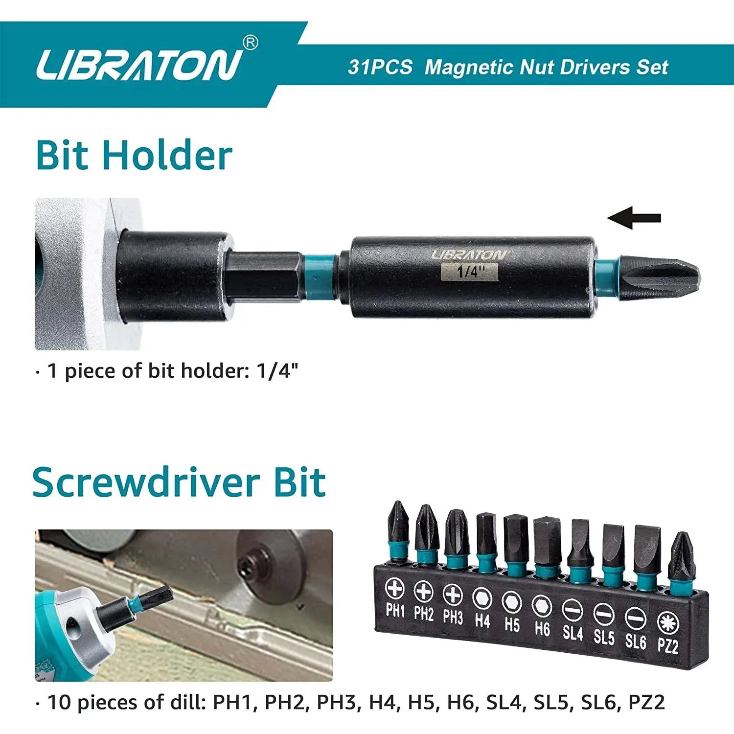 Libraton 31PCS Magnetic Nut Driver Metric & SAE, Impact Drill Driver Bit Set Screwdriver Bits Impact Socket Adapters Bit Holder