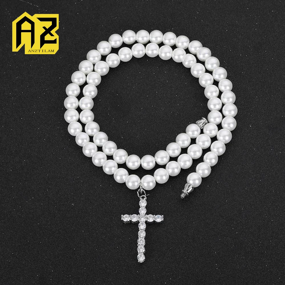 

Anztilam 10 мм полный жемчуг из нержавеющей стали 316L звенья цепи ожерелья с латунным крестом кулон для женщин мужчин цепочка хип-хоп ювелирные изделия