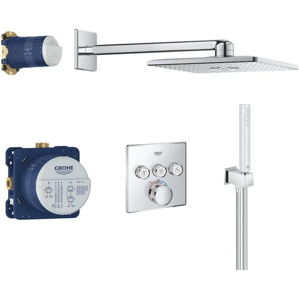 Concealed Thermostatic Push Button Shower Set (Cube Head Shower 2 Sprays, Hand Shower 1 Spray, Hose, Turn for Volume Adjustment)