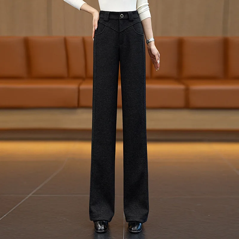 سراويل نسائية صوفية مستقيمة شتوية سميكة دافئة سراويل غير رسمية بقصة ضيقة سراويل تنحيف ثنيات #4