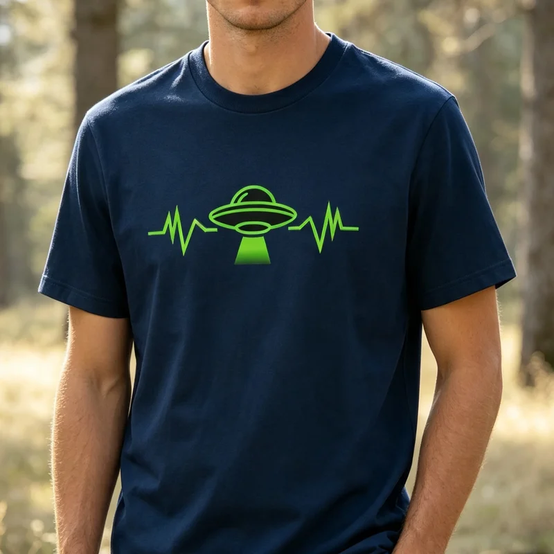UFO Heartbeat T-shirt Green Alien Ship Tee Spaceship Graphic Tee Sci-fi Streetwear 100%Cotton Casual Tee Unisex Space Y2k Top