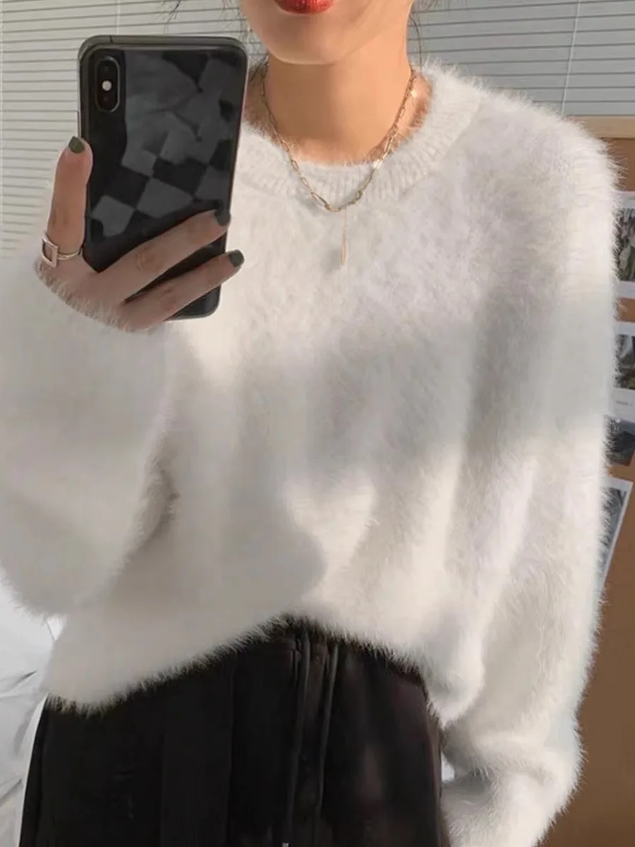 

Шикарный корейский мягкий норковый свитер, женский модный пушистый топ, теплый круглый Ne Long Sve, свободный крой, осенне-зимний трикотаж