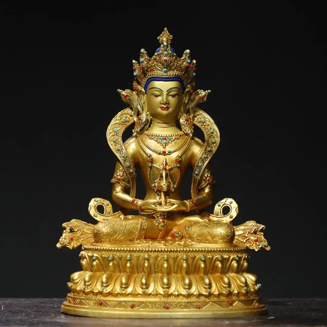 Amitayus Bodhisattva Pure Copper Gold Gilded Inlaid Gemstone Tibetan Temple Desk Decor Vintage