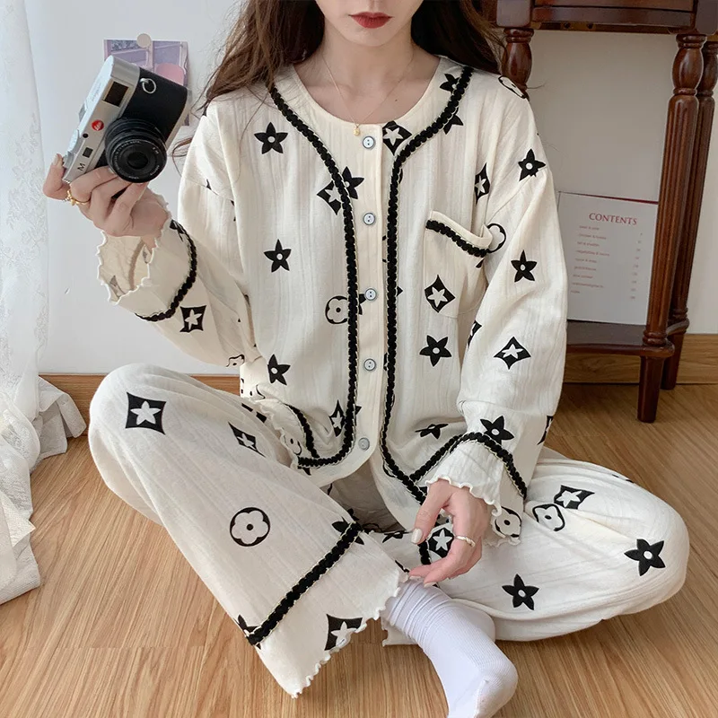 Womens Pajamas Set Buttons Down 100% Cotton Female Pyjamas Woman Pijamas Spring Autumn Long Sleeve Sleepwear Homewear Loungewear