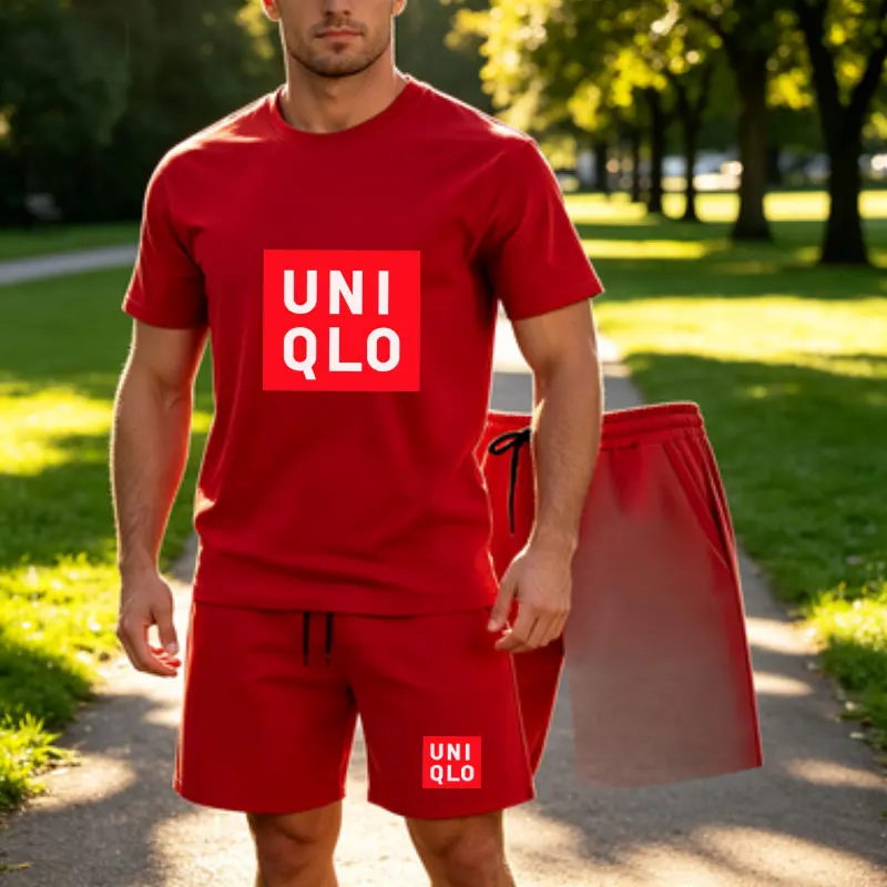 Men's motorcycle casual sports set 2-piece summer short sleeved T-shirt+drawstring shorts breathable sports cycling jogging suit 6