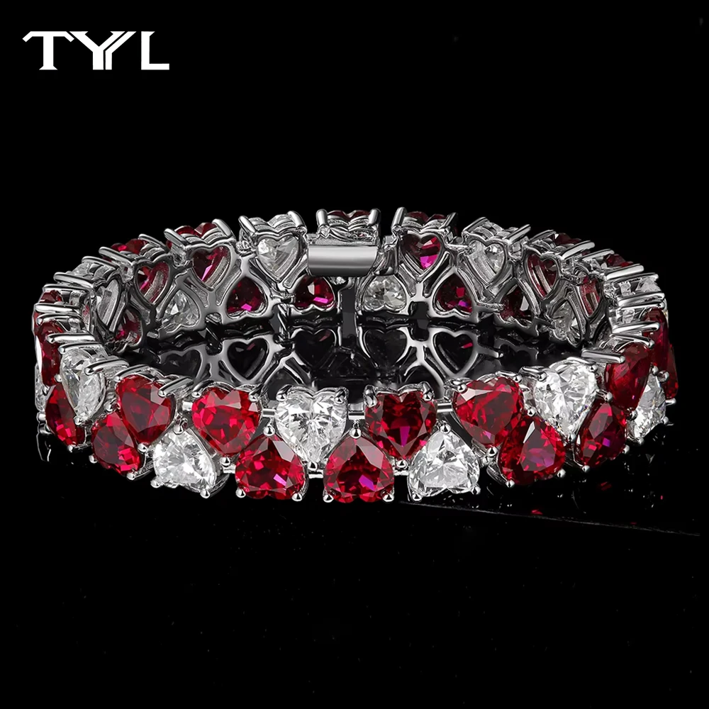 

TYYL Luxury Heart Created Ruby Tennis Bracelet 925 Silver High Carbon Diamond Bangle Gemstone Wristlet Bracelets Wedding Jewelry