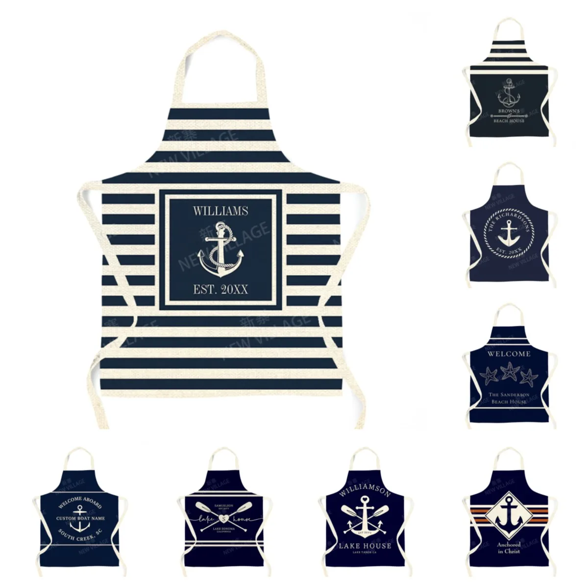 Custom Linen Apron Nautical Anchor Design Personalized Boat Name Kitchen Cooking Adjustable Bib Durable Fabric for Men Women