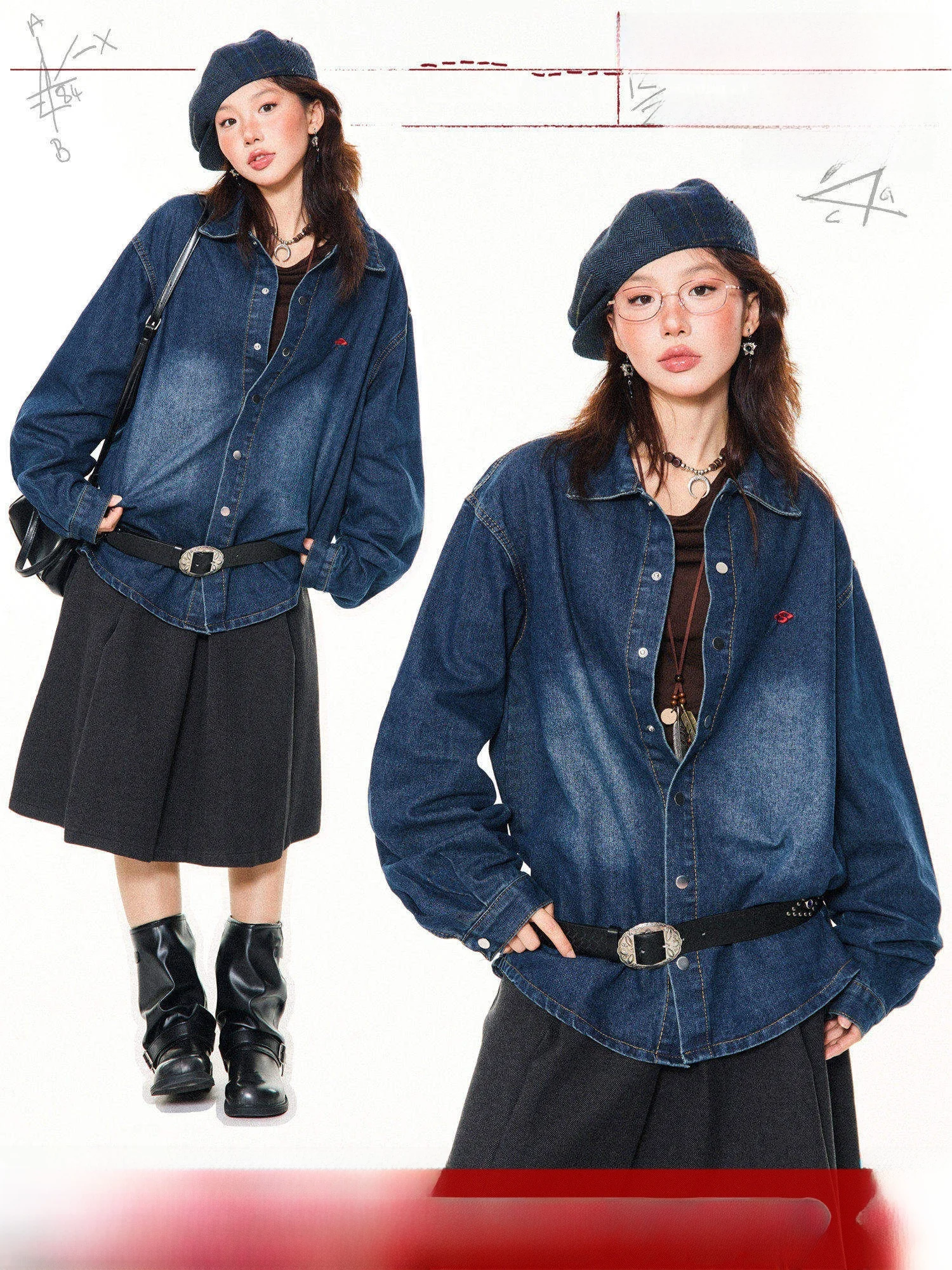 

Retro Waed American Sle Letter Embroidery Denim irt Women's Loose Outerwear Trendy Cotton Polyester Blend Long Sve