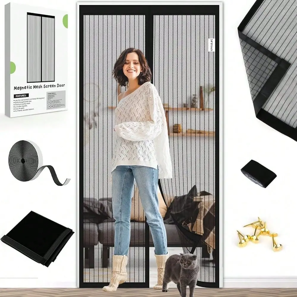 

Screen Door Fit Door Size 32 X 80 Inch, Black Heavy Duty Mesh Curtain With Mag.Netic Closure, Bug Screen For Doorway, Pet Frien