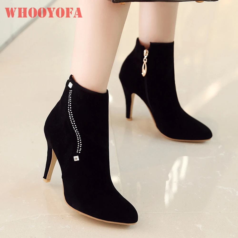

New Winter Comfortable Black Pink Women Ankle Boots Zip High Heels Lady Nude Shoes Plus Big Size 12 32 43 45 48