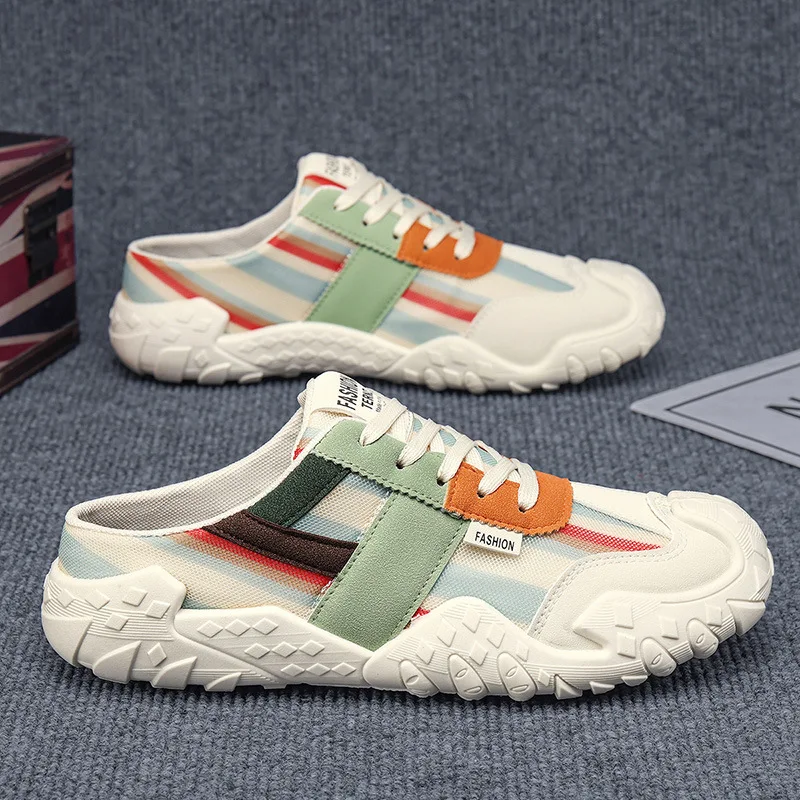 2026 Summer Men's Casual Shoes Colorblock Mesh Mules Breathable Slip-on Outdoor Casual Walking Beach Sandals