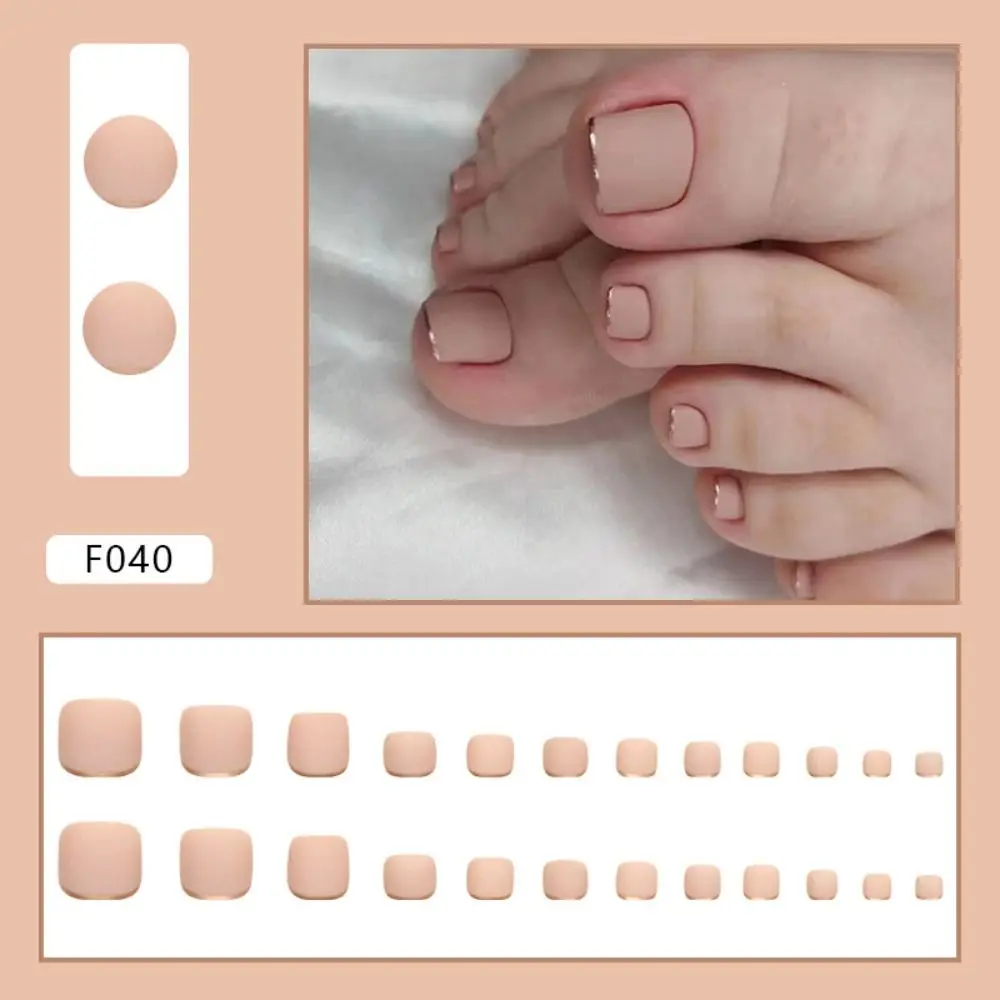 24pcs for Women Square Toe Nails French Edge Fake Toenails Full Cover Gold