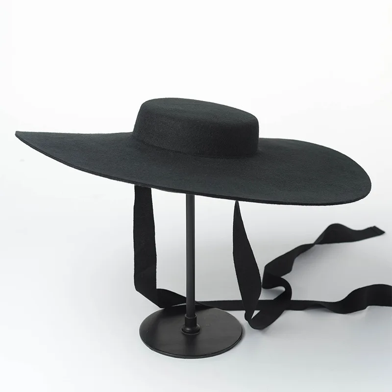 Women Autumn Winter Flat Top Extra Wide Brim Wool Hat Runway Stage Trendy Cap With Strap Vintage Large Brim Party Dress Sun Hat