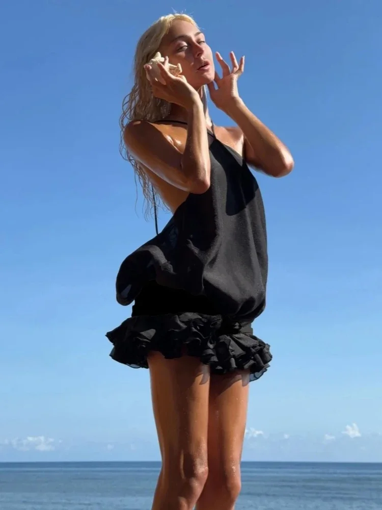 

Sexy Halter Backless Lace Up Ruffles Patchwork Mini Dress Women Black Sleeveless A-line Slim Runway Evening Party Dresses Club