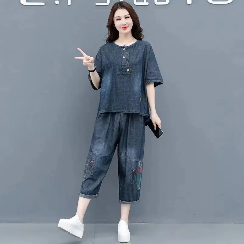 2024 Summer New Women\'s Denim Loose Fit Slim Fashion Two Piece Embroidered Western Style Casual Set For Female Trend