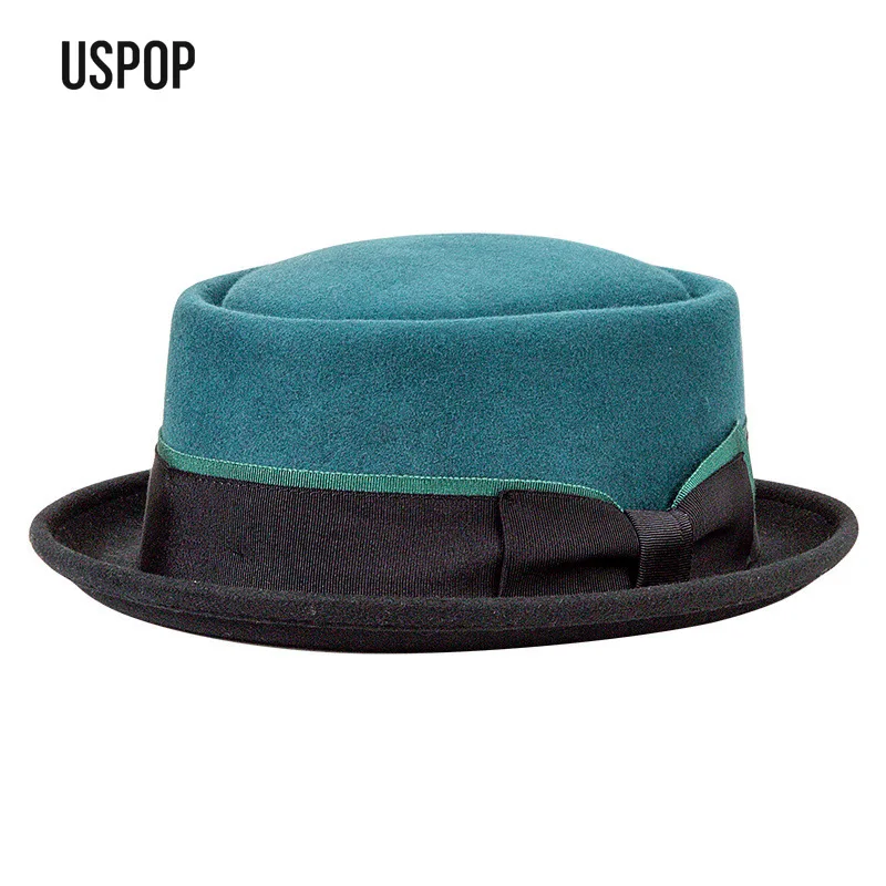 USPOP Premium Wool Felt Pork Pie Hat, Unisex Vintage Short Brim Fedora for Fall & Winter, Elegant Ribbon Dress Hat
