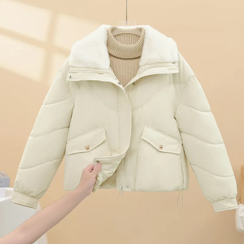 レディースゆったり暖かいショートコート クラシック冬用スタイリッシュデザイン 厚手折り返し襟パーカー トレンドポケット付きコットンジャケット