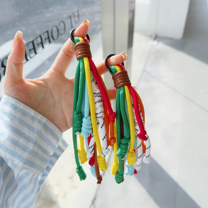 Korean Rainbow Braided Rope Phone Strap Pendant Bag Accessories Tassel Anti-theft Key Chain Colorful Pendant Gift Keyring