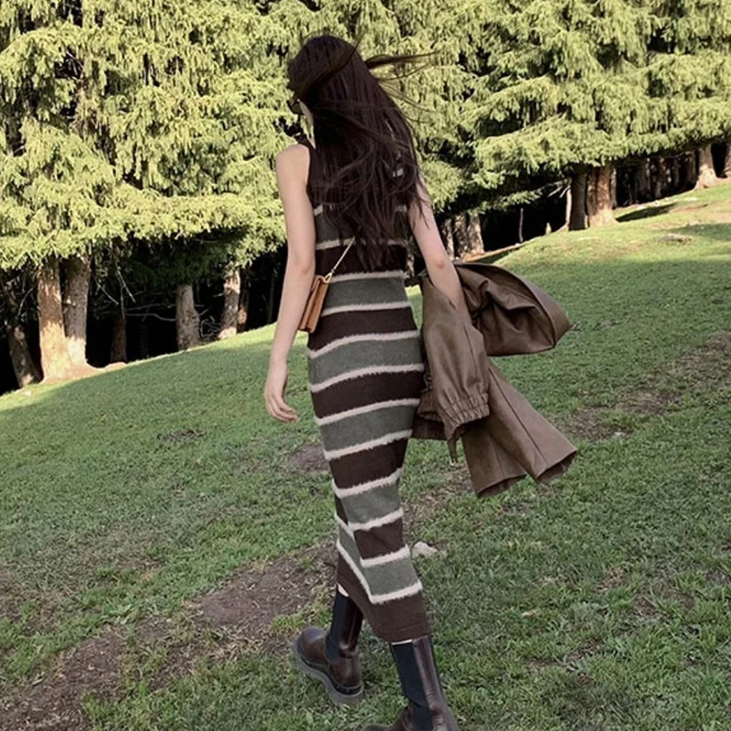 Y2k Knitted Women Dresses Stripes Contrast Color Sleeveless Autumn Winter Vestidos Mujer Korean Fashion Long Dress