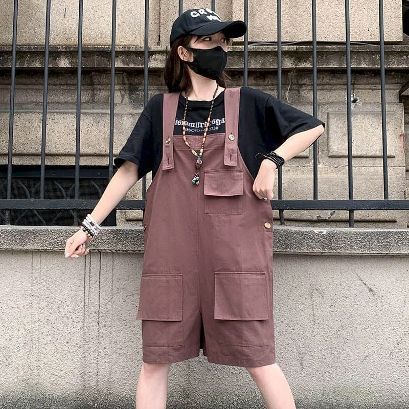 

Workwear Jumpsuits Loose Casual Summer High Street Five-point Pants Vintage Wide Leg Playsuits One Piece Outfits Women Clothing