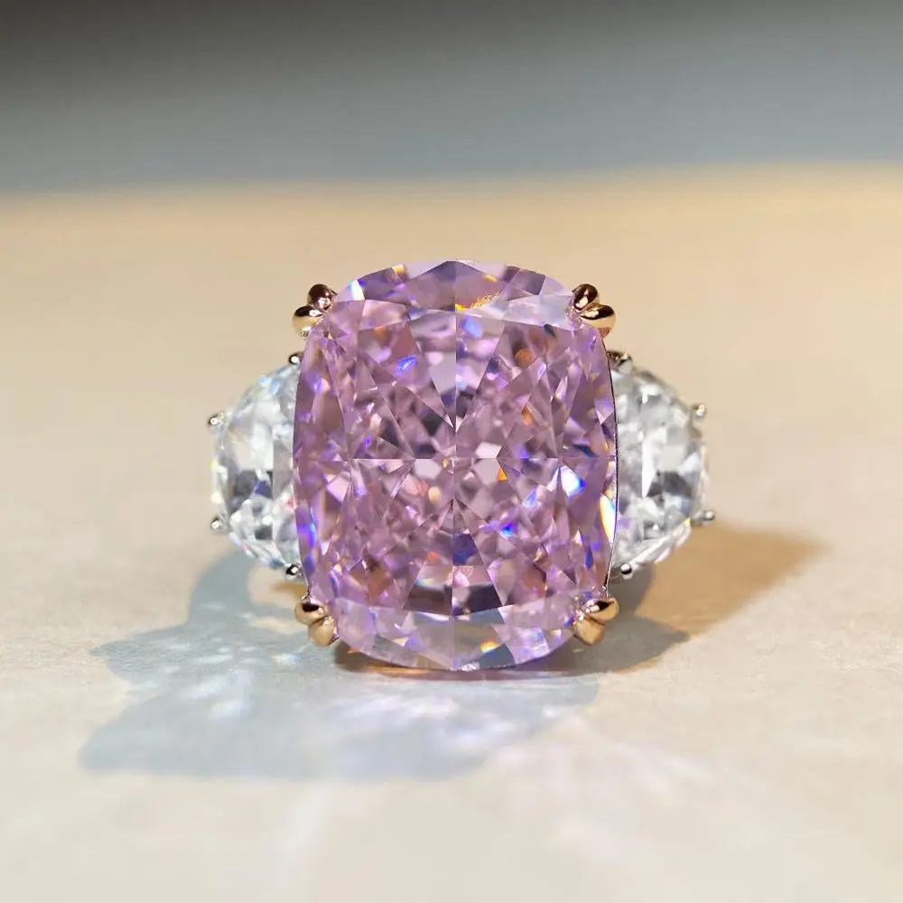 

925 Sterling Silver Pink Large Carat Ring for Women, Size 14X18, Billionaire's Happy Ring, Ice Flower Cutting Wholesale