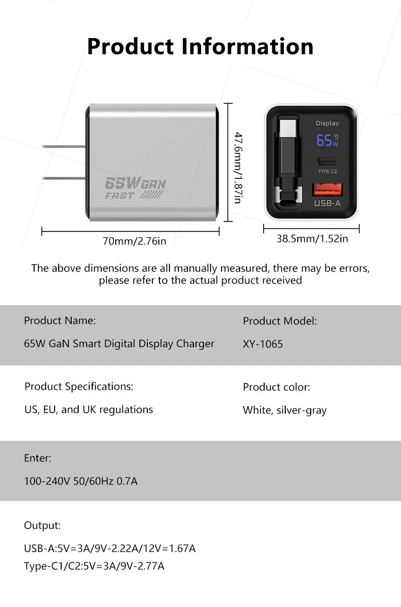 65W Digital-Display-Ladegerät, Multi-Port-Ladeadapter, US- und UK-Stecker, einziehbares Kabel, GaN-Schnellladegerät für Apple-Geräte – Detail 11