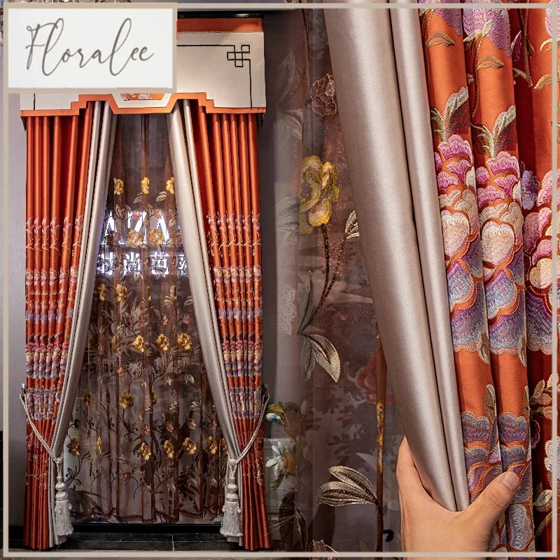New Chinese Embroidery Window Screen Orange Gloss Blackout Curtains for Living Room Bedroom French Window Customized Valance
