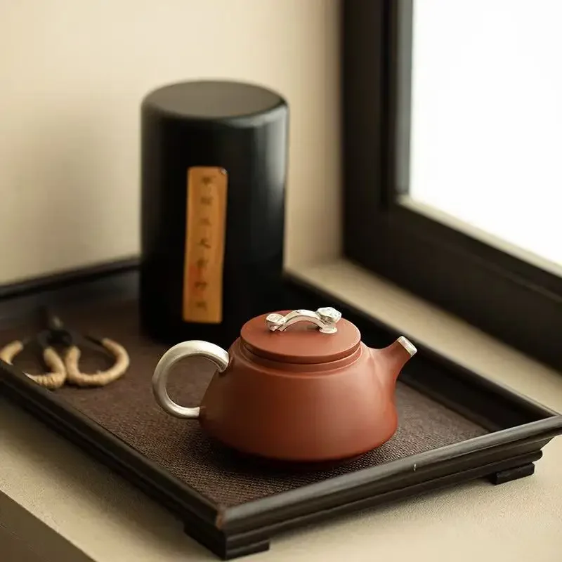 1PC 180ML Pure Handmade Silver Purple Clay Pot Ruyi Teapot Purple Sand TeaSet Zhu Ni Bionic Teapot Stone Ladle Pot KungFu TeaSet
