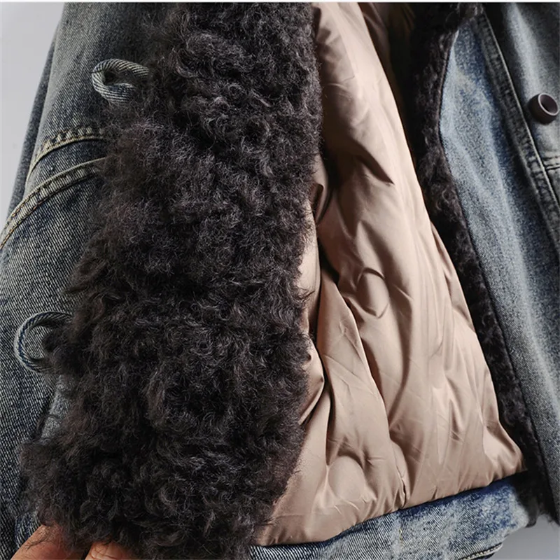 

Winter Women Thick Warm Fur Collar Down Liner Denim Jacket Coffee Color Black Lapel Long Sleeve Loose Jeans Jacket Coat Female