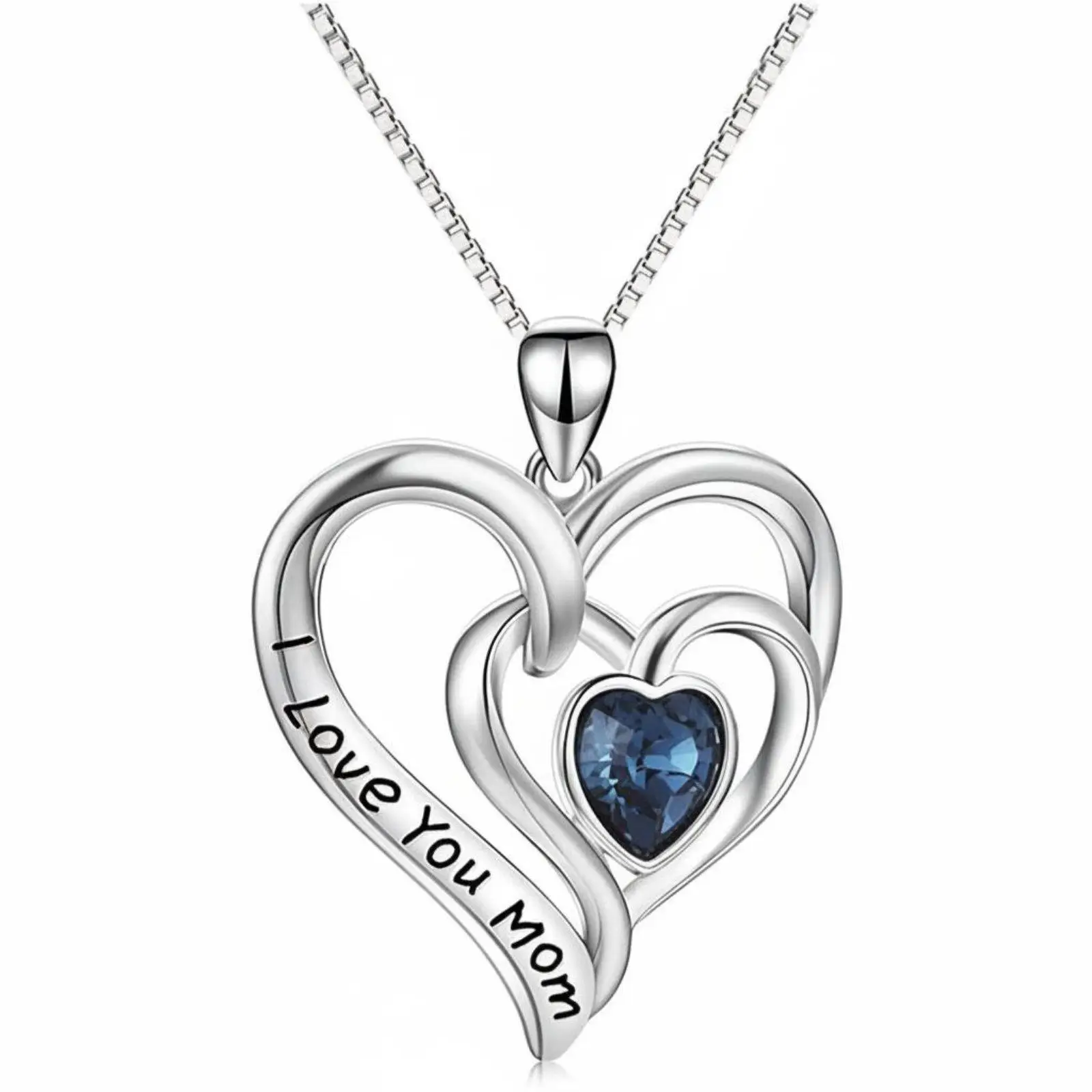 Womens Navy Crystal Heart Pendant Necklace Copper White Gold Finish Engraved Mom Love Gift