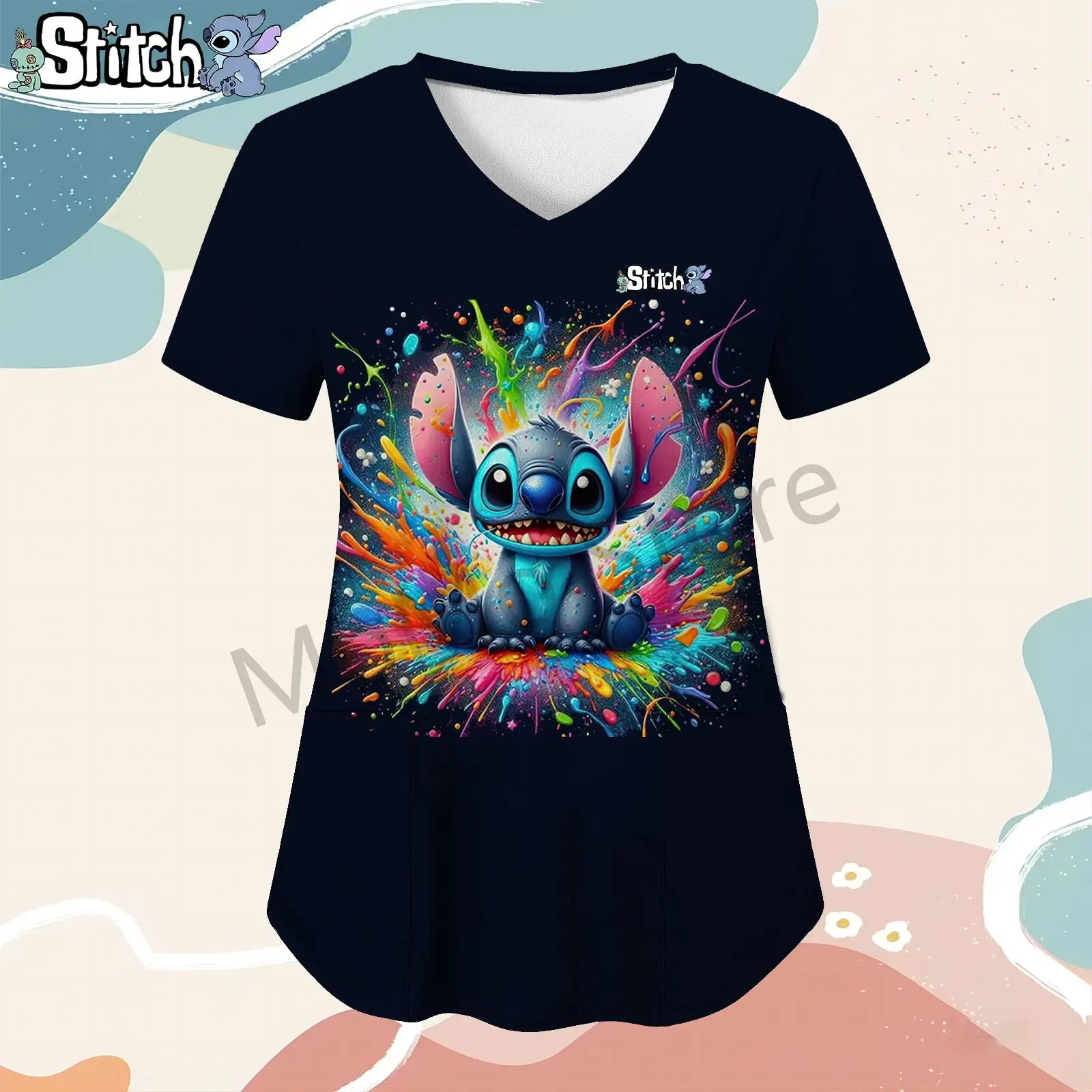 Disney  Stitch Pocket Kawaii Women's V Neck Nurse Uniform T-Shirt Tshirts Woman Tops 2024 Short Sleeve T-shirts S-2XL Y2k Summer