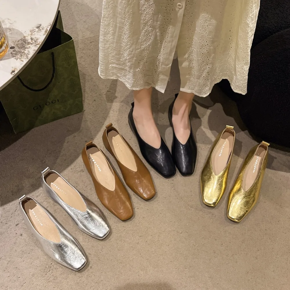 Women Square Toe V Cut Soft Leather Slip On Flats Metallic Gold Silver Ladies Office Shoes