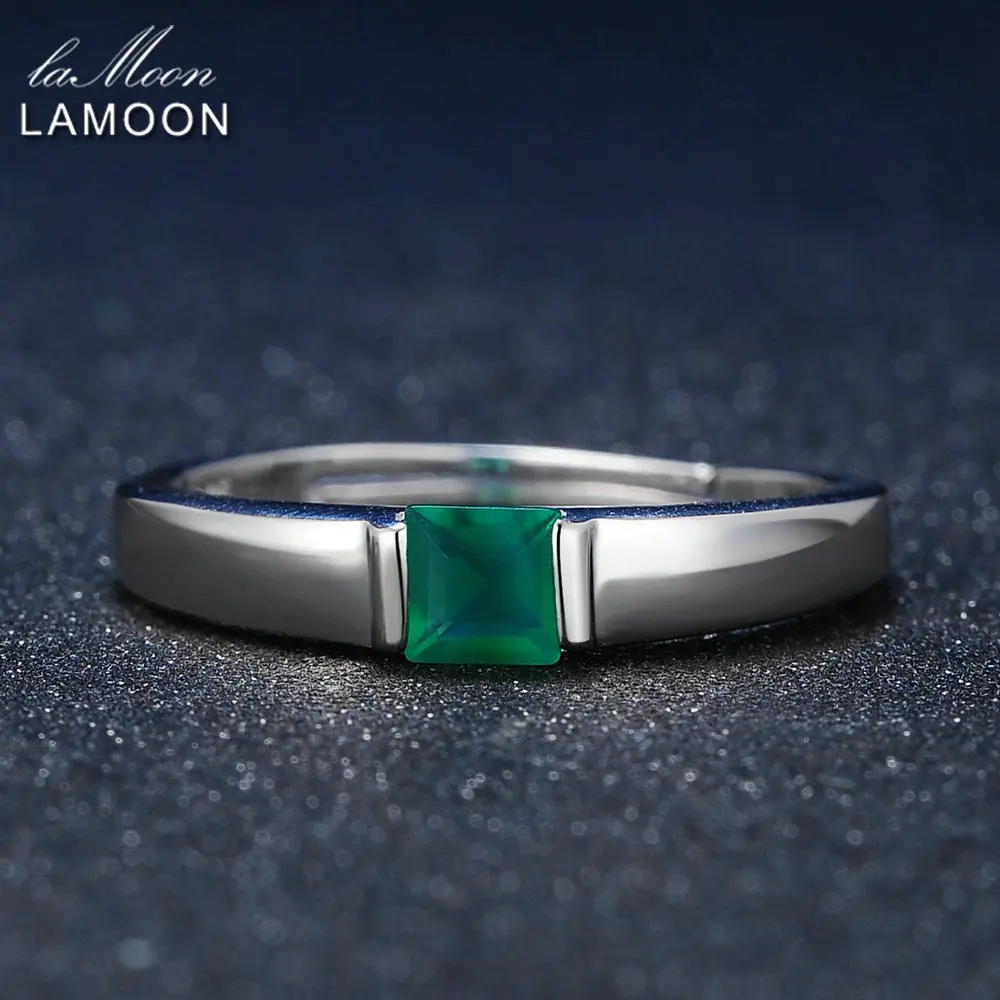 LAMOON S925 Ring For Women Pricess cut Green Agate Chalcedony 925 Sterling Silver 18K White Gold Plated Fine Jewelry LMRI006