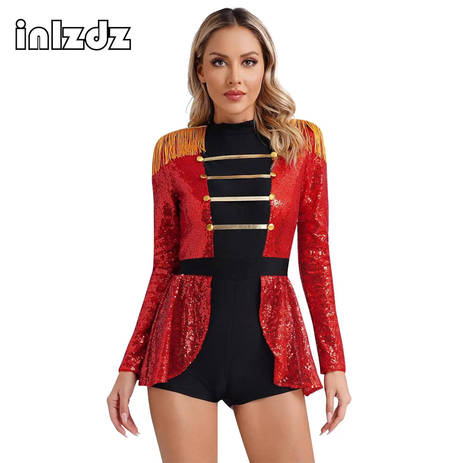 

Women Circus Ringmaster Cosplay Costume Shiny Sequins Tassel Bodysuit Jumpsuit Long Sleeve Fringed Shoulder Leotard Dress