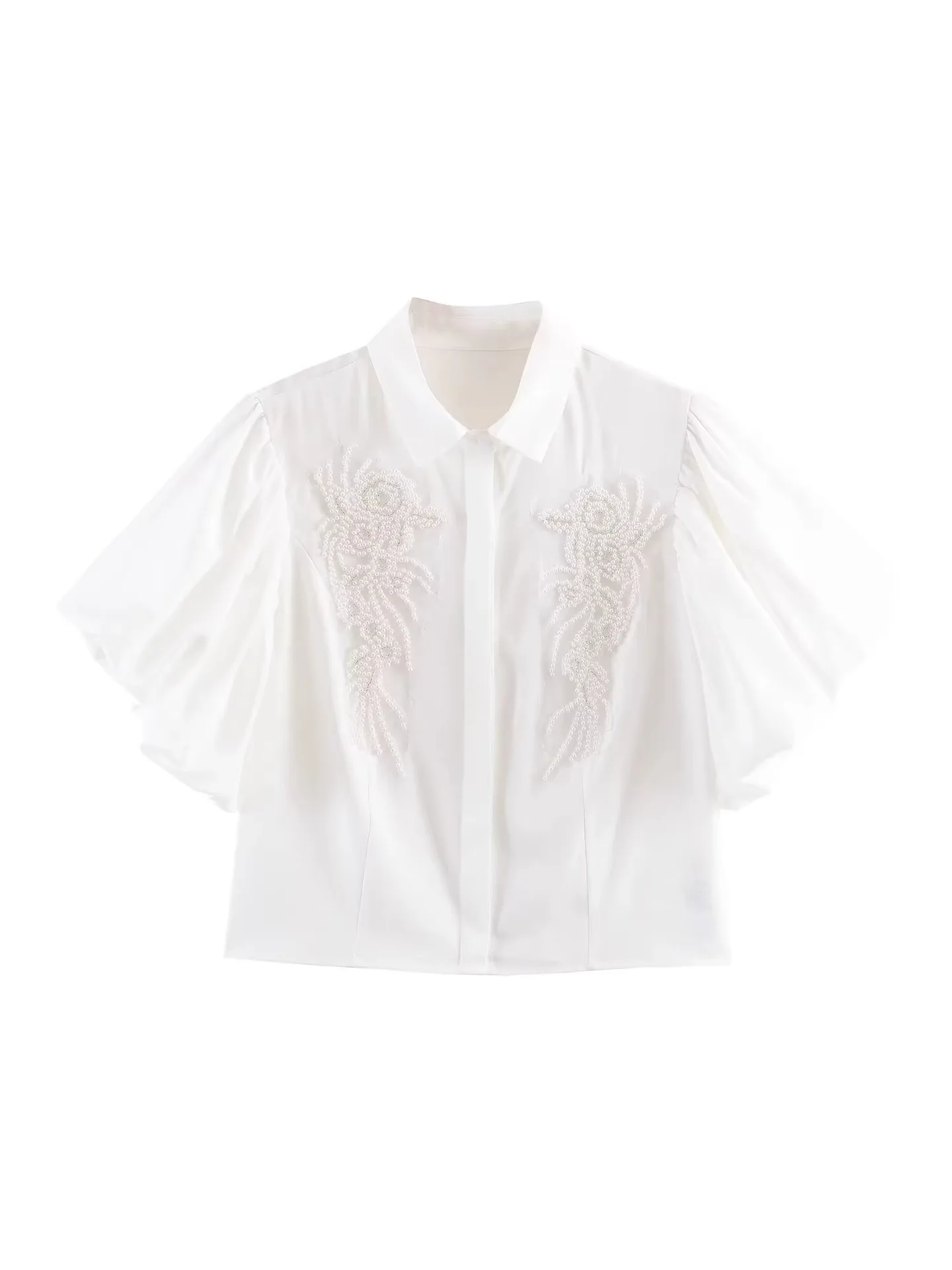 

Withered Women's Spring New Casual Temperament Simple Lapel Bubble Short Sleeved Three-dimensional Flower Decoration Shirt