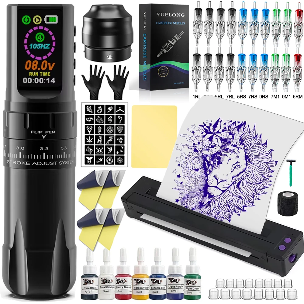 

Wireless Tattoo Machine Pen Kit 7 Strokes 2.4mm-4.2mm Machine with Transfer Printer Cartridge Tattoo Needles Tattoo Inks Kits