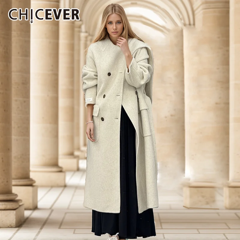 

CHICEVER Solid Spliced Lace Up Shawl Coat For Women Scarf Collar Long Sleeve Patchwork Button Chic Coats Female Fashion Clothing