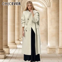 CHICEVER Solid Spliced Lace Up Shawl Coat For Women Scarf Collar Long Sleeve Patchwork Button Chic Coats Female Fashion Clothing