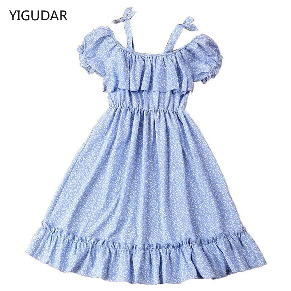 

Girl Dress Summer 2022 Elegant New Children's Clothing Casual Off Shoulder Chiffon Princess Dress blue Dresses for Teenage Girls