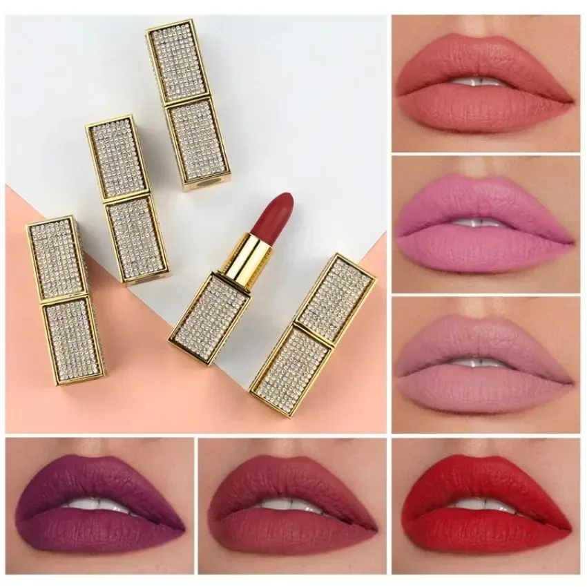 

Private Label 14colors Square Tube with Diamond Lipstick Matte 24hours Lasting Waterproof Easy To Colored Bulk Makeup Custom